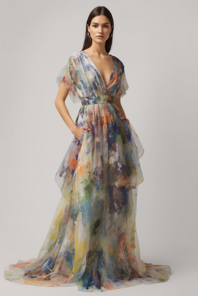 lucid realism design a tall elegant female model wearing an et 1